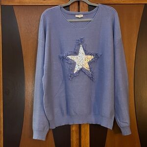 Easel Periwinkle Lightweight Sweater w/Silver Sequin Star Framed by Soft Fringe